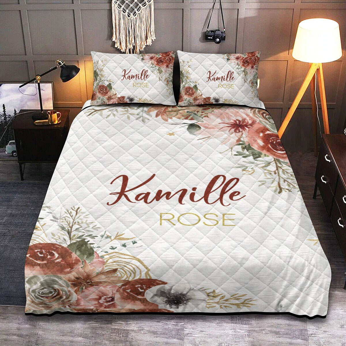 Brown Flowers Personalized Quilted Bedspread Set