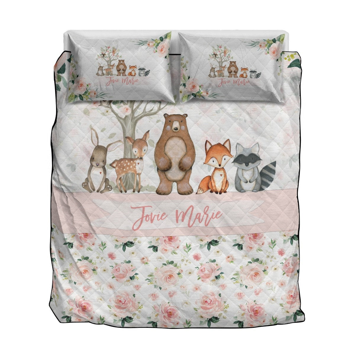 Blush Florals with Bear and Friends Personalized Quilted Bedspread Set