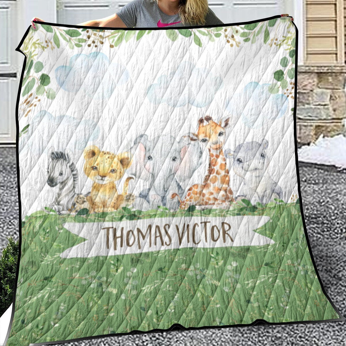 Greenery with Safari Animals Personalized Quilted Bedspread Set