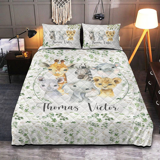 Greenery with Safari Babies Personalized Quilted Bedspread Set