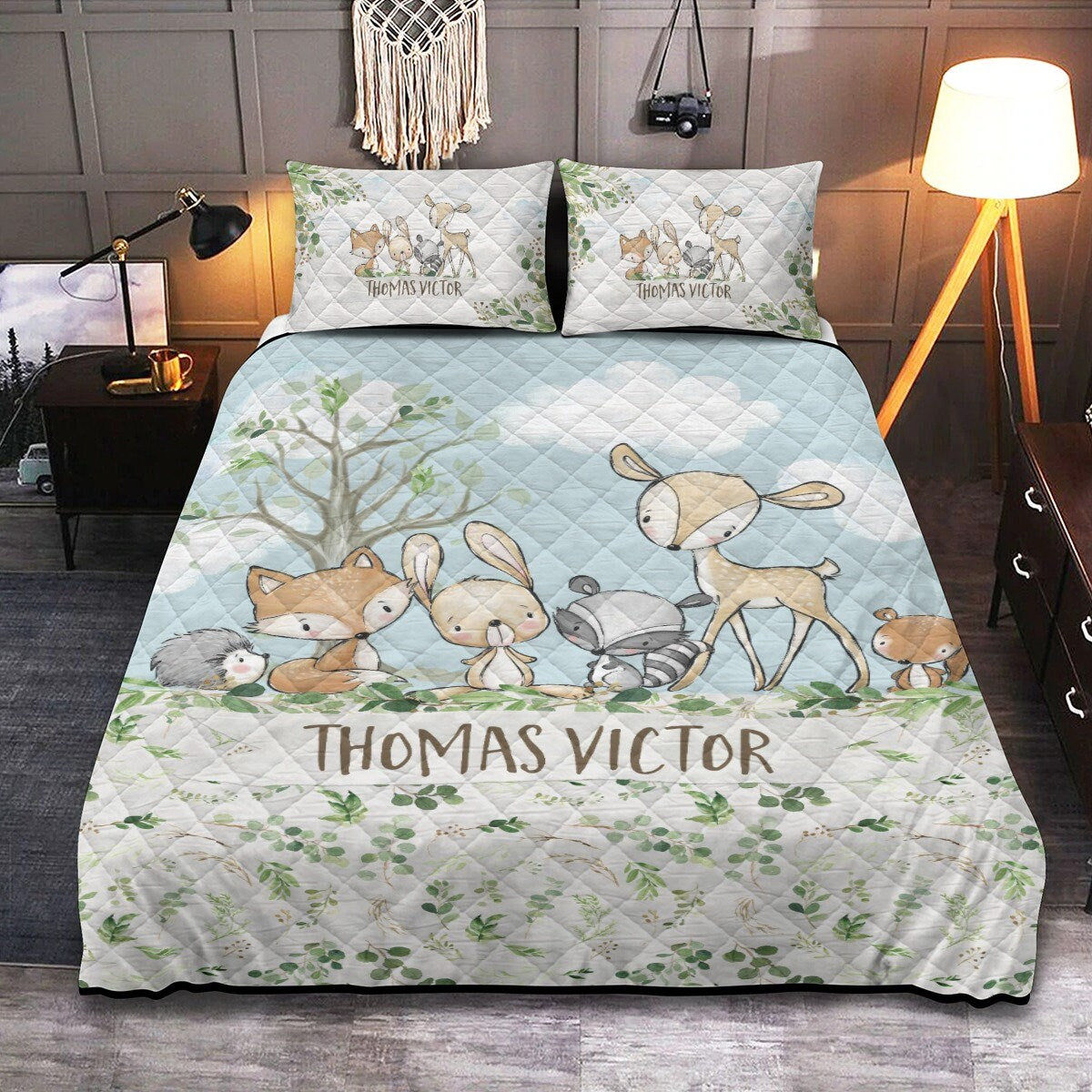 Greenery with Deer and Friends Personalized Quilted Bedspread Set