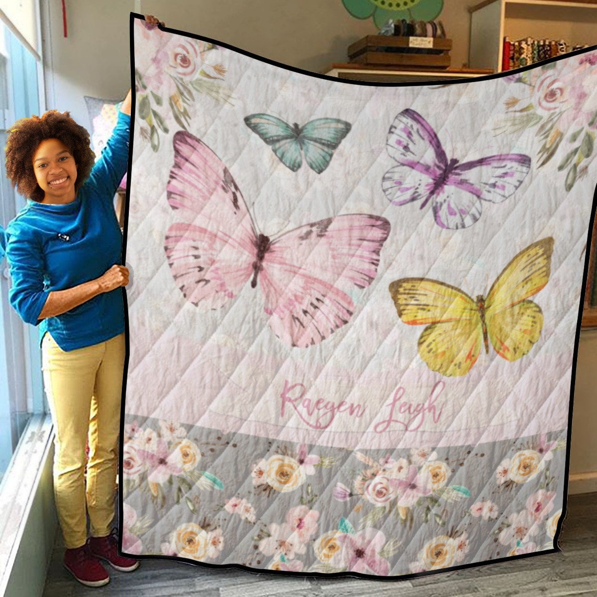 Grey Flowers with Butterflies Personalized Quilted Bedspread Set