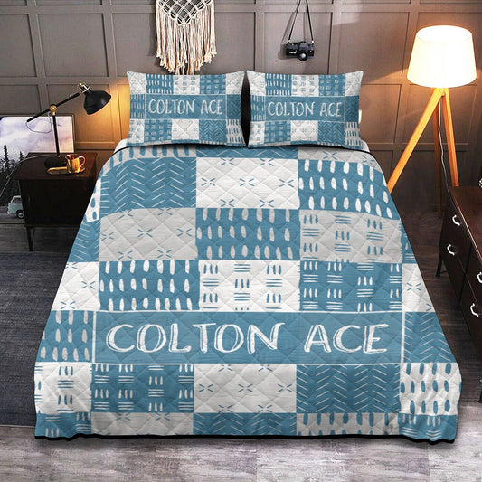 Blue Mudcloth Patchwork Personalized Quilted Bedspread Set