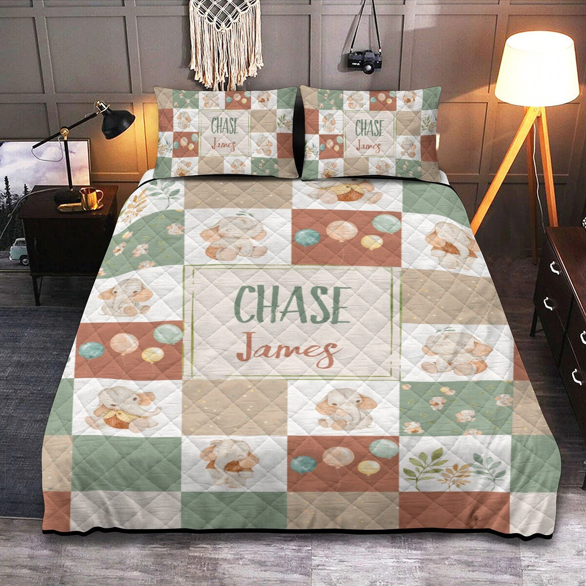 Neutral Elephants Personalized Quilted Bedspread Set