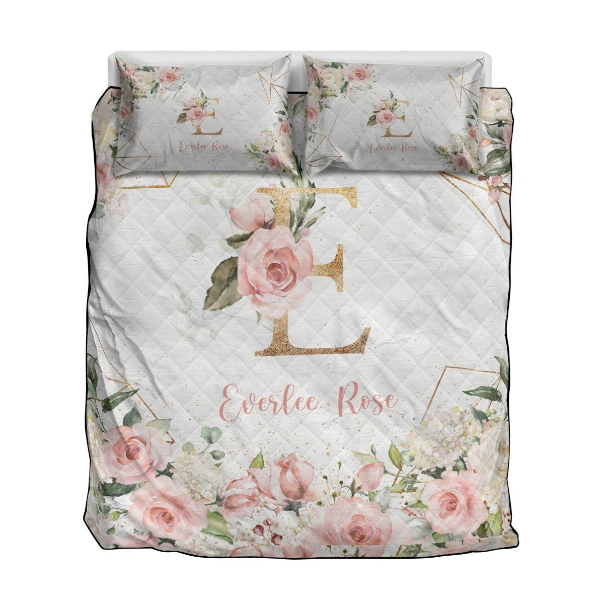 Roses Garden with Geometrics Personalized Quilted Bedspread Set