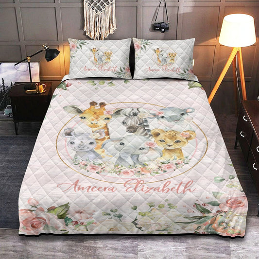 Roses Garden with Safari Animals Personalized Quilted Bedspread Set