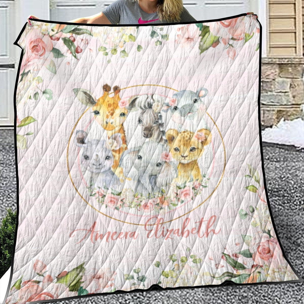 Roses Garden with Safari Animals Personalized Quilted Bedspread Set