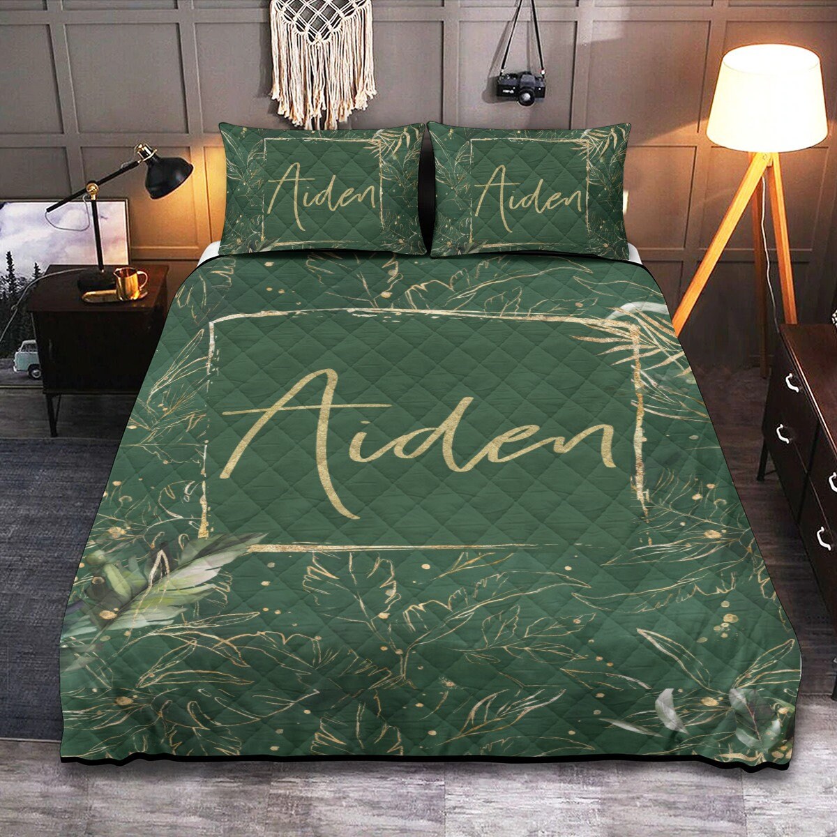 Tropical Dark Green Personalized Quilted Bedspread Set