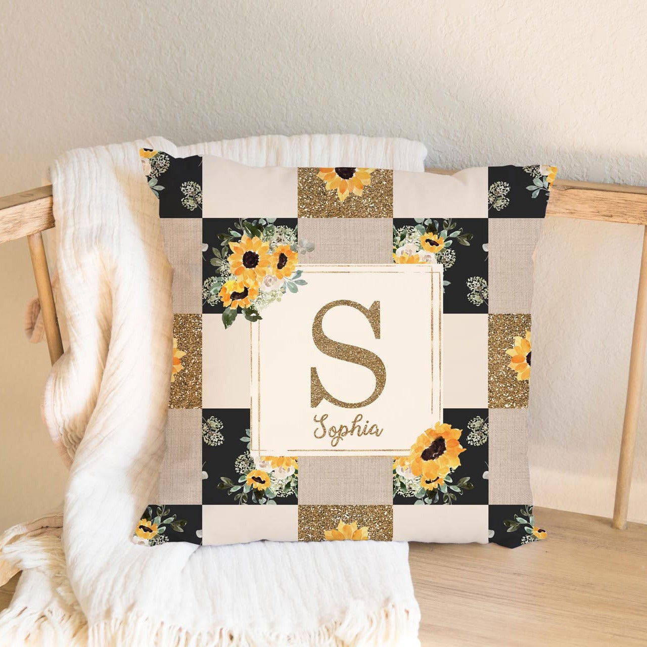 Hello Sunshine Sunflower Monogrammed Quilt Inspired Pillow for Girl