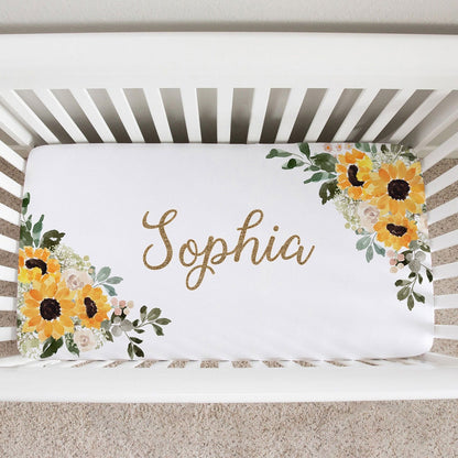 Hello Sunshine Sunflower Personalized Crib Sheet for Girl