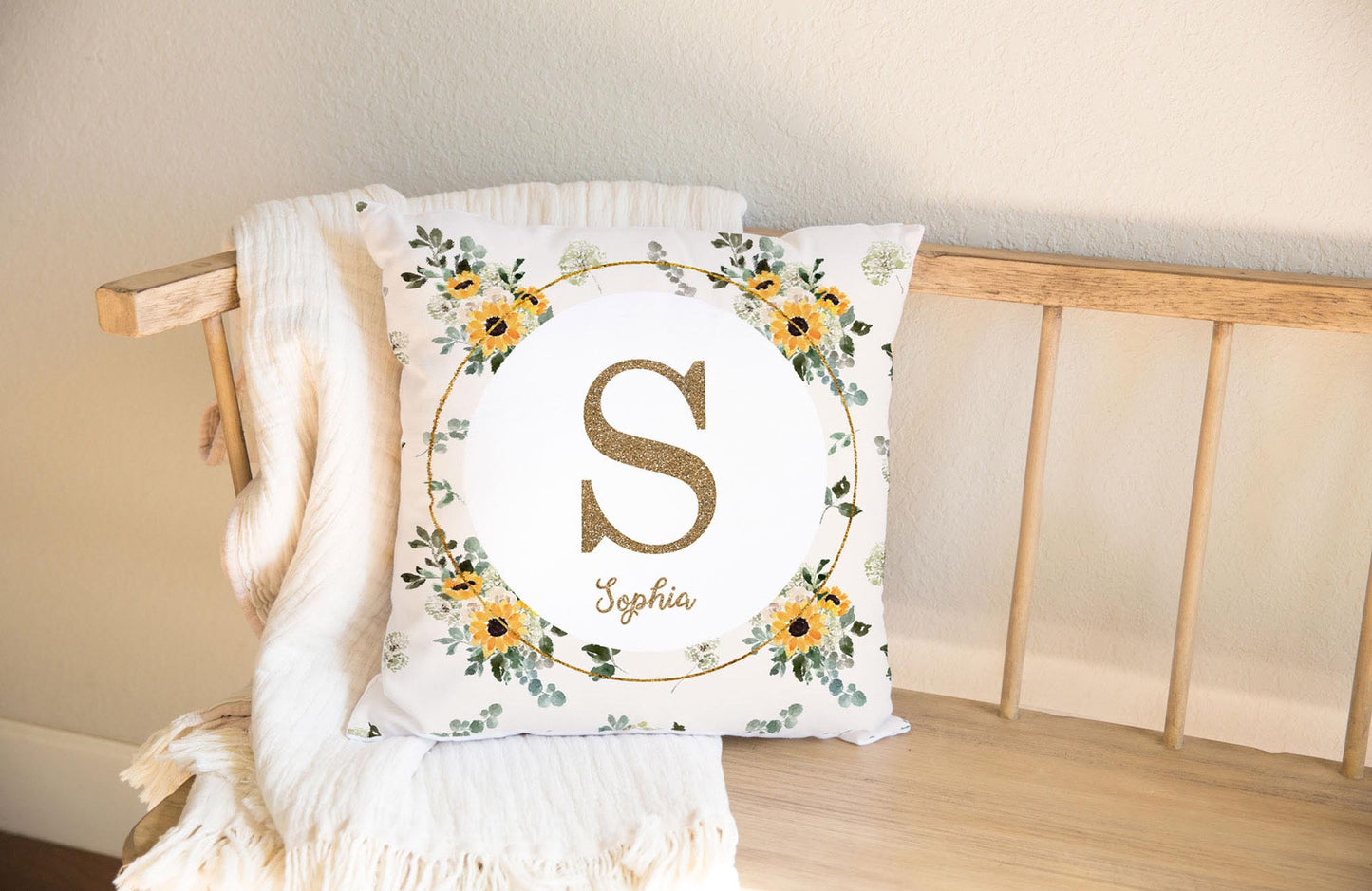 Hello Sunshine Sunflower Monogrammed Pillow for Girl