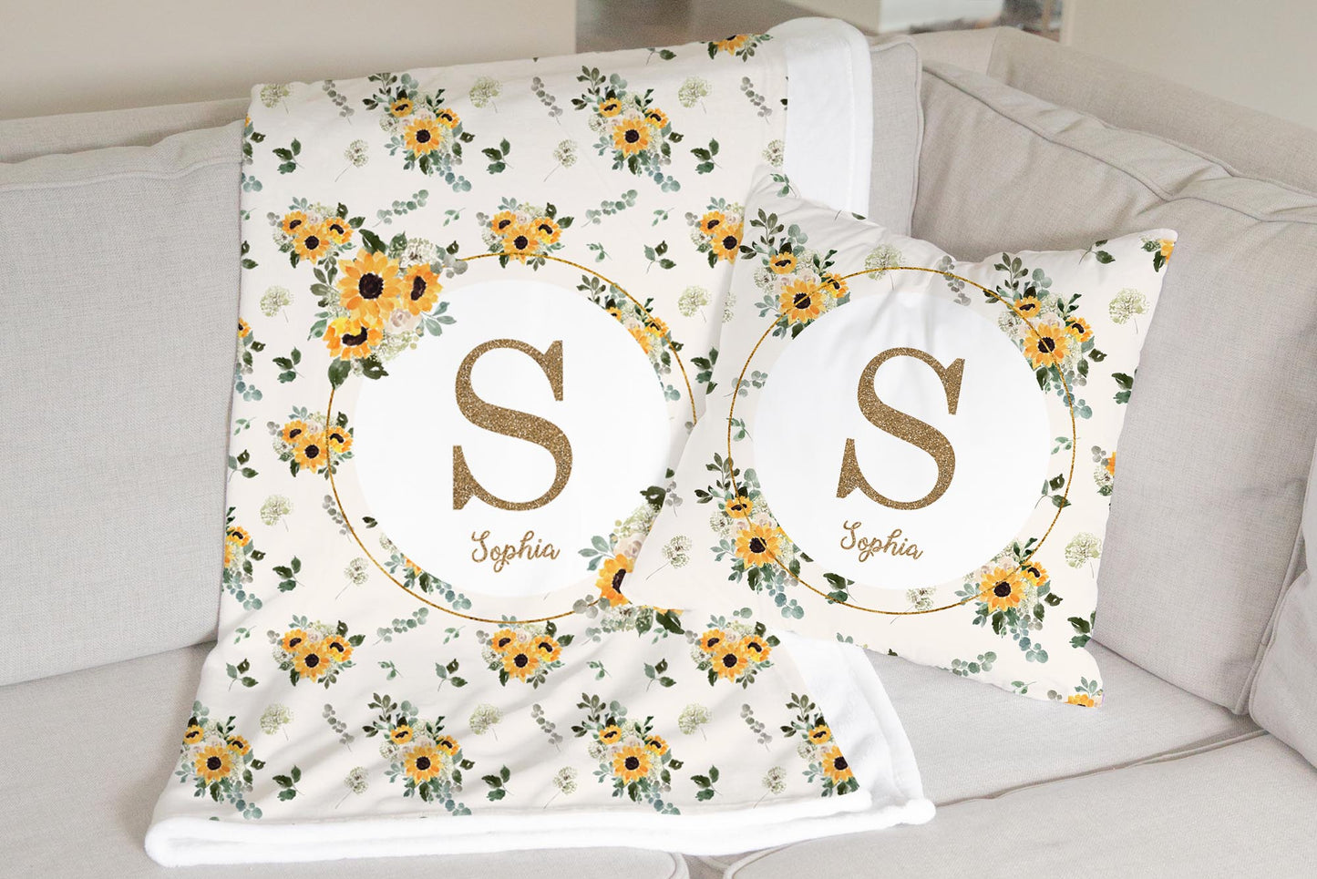 Hello Sunshine Sunflower Monogrammed Pillow for Girl