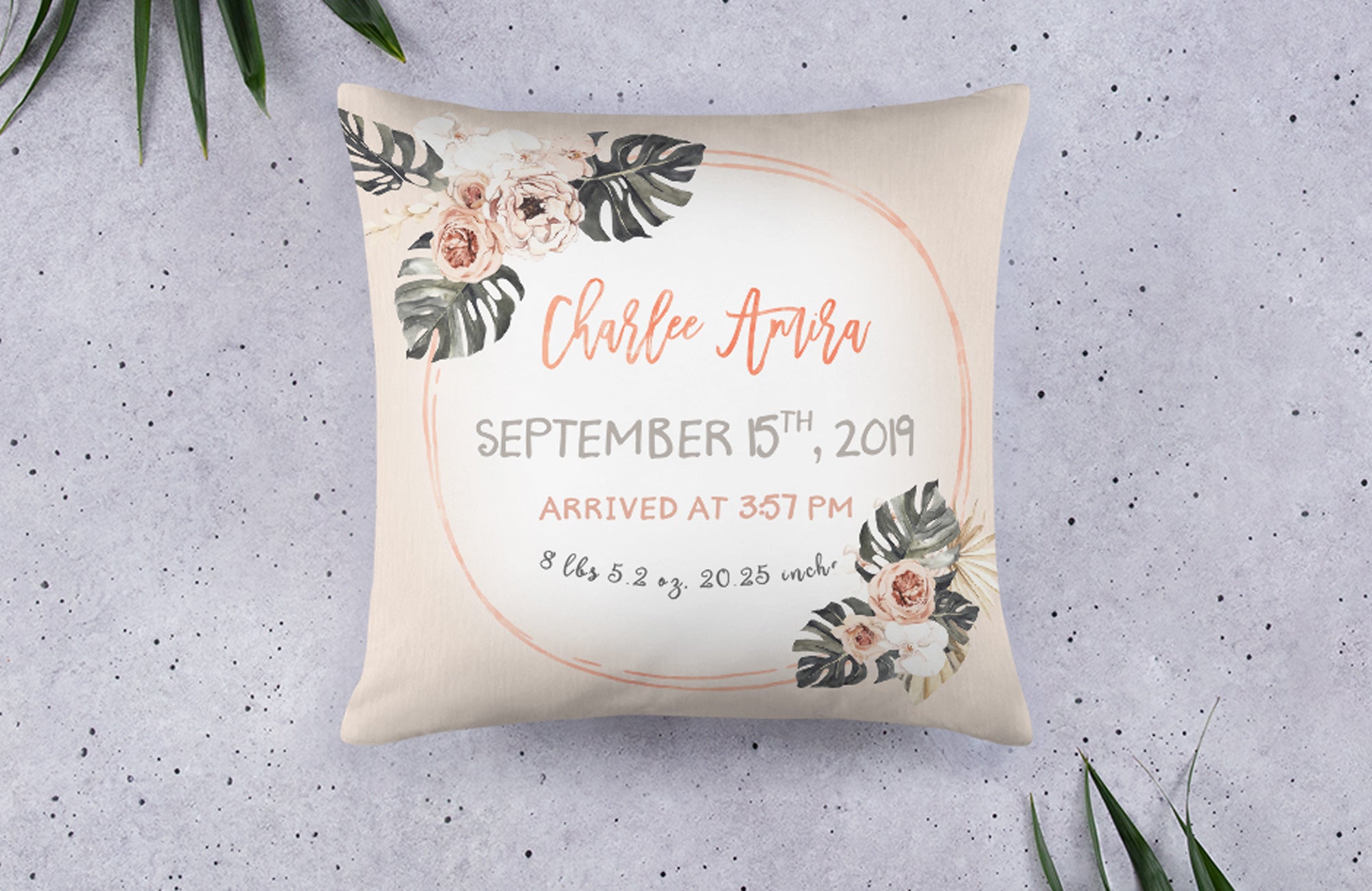 Modern Tropics Birth Stats Pillow for Girl Empowering Decor