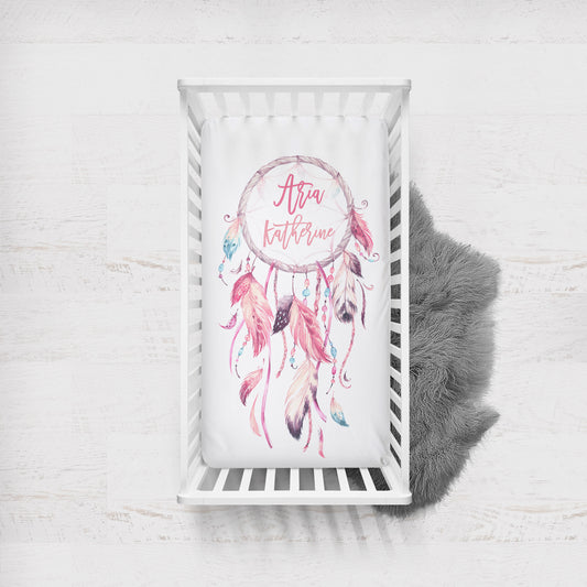 Dreamcatcher Cherry Pink Personalized Crib Sheet for Girl