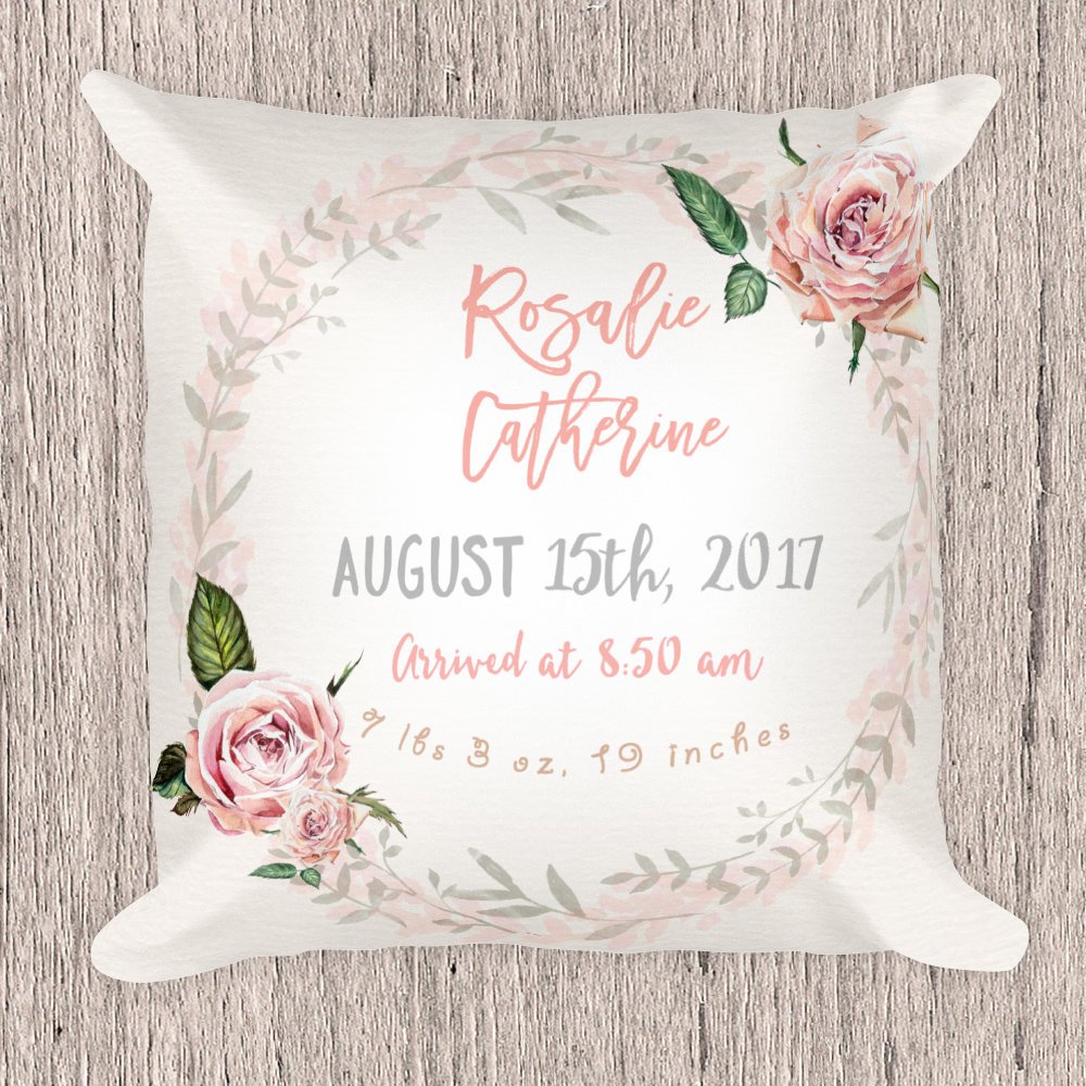 Vintage Roses Birth Stats Pillow for Girl