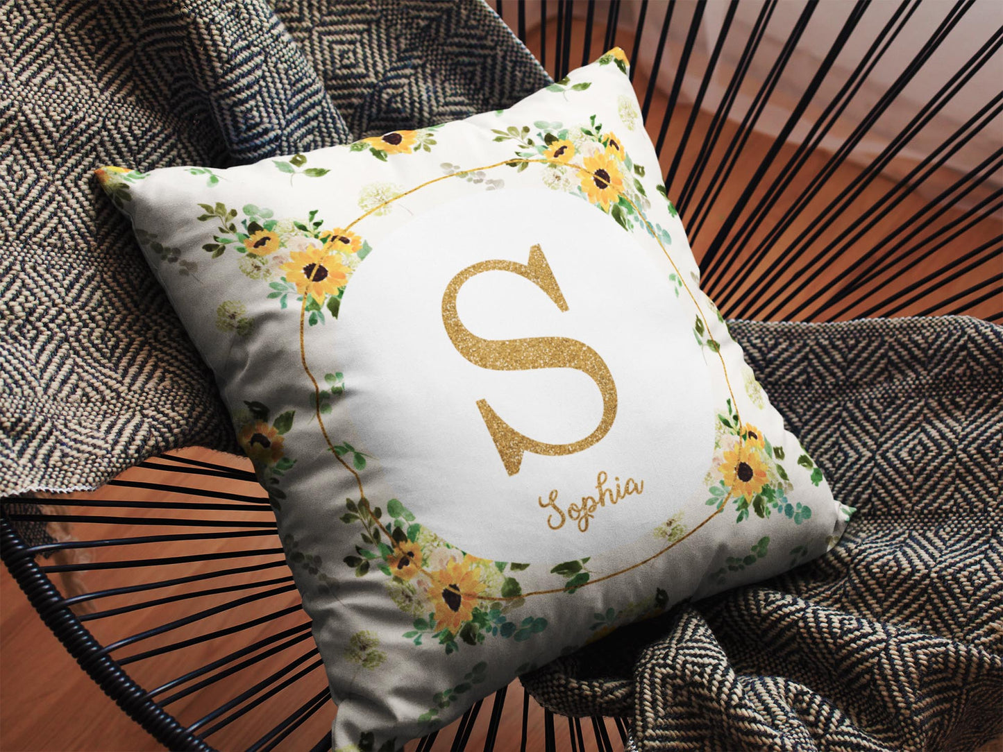 Hello Sunshine Sunflower Monogrammed Pillow for Girl