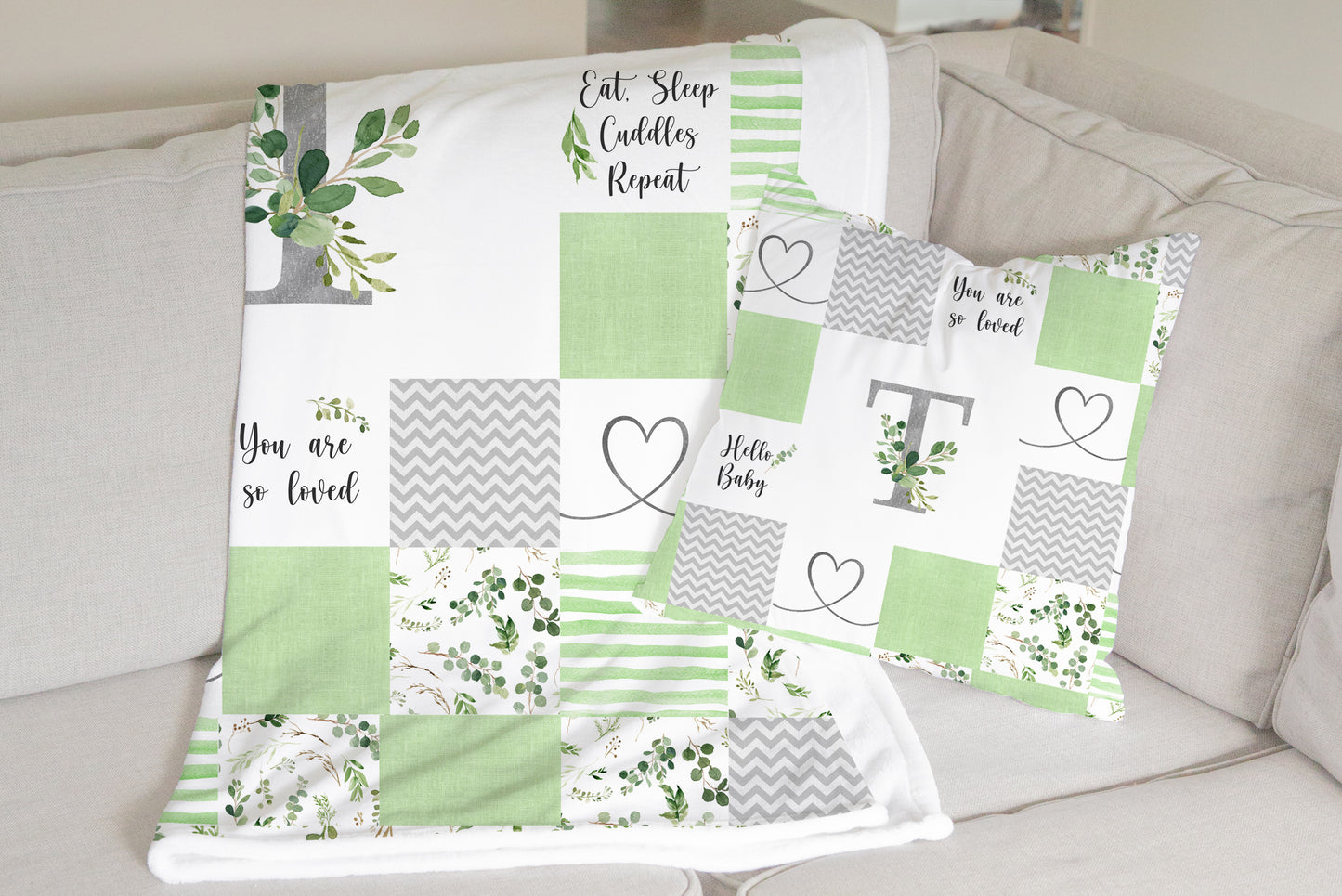 Greenery Monogrammed Quilt Inspired Pillow