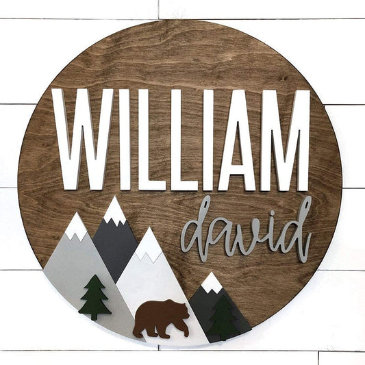 Custom Personalized Wooden Name Sign with Bear and Mountains
