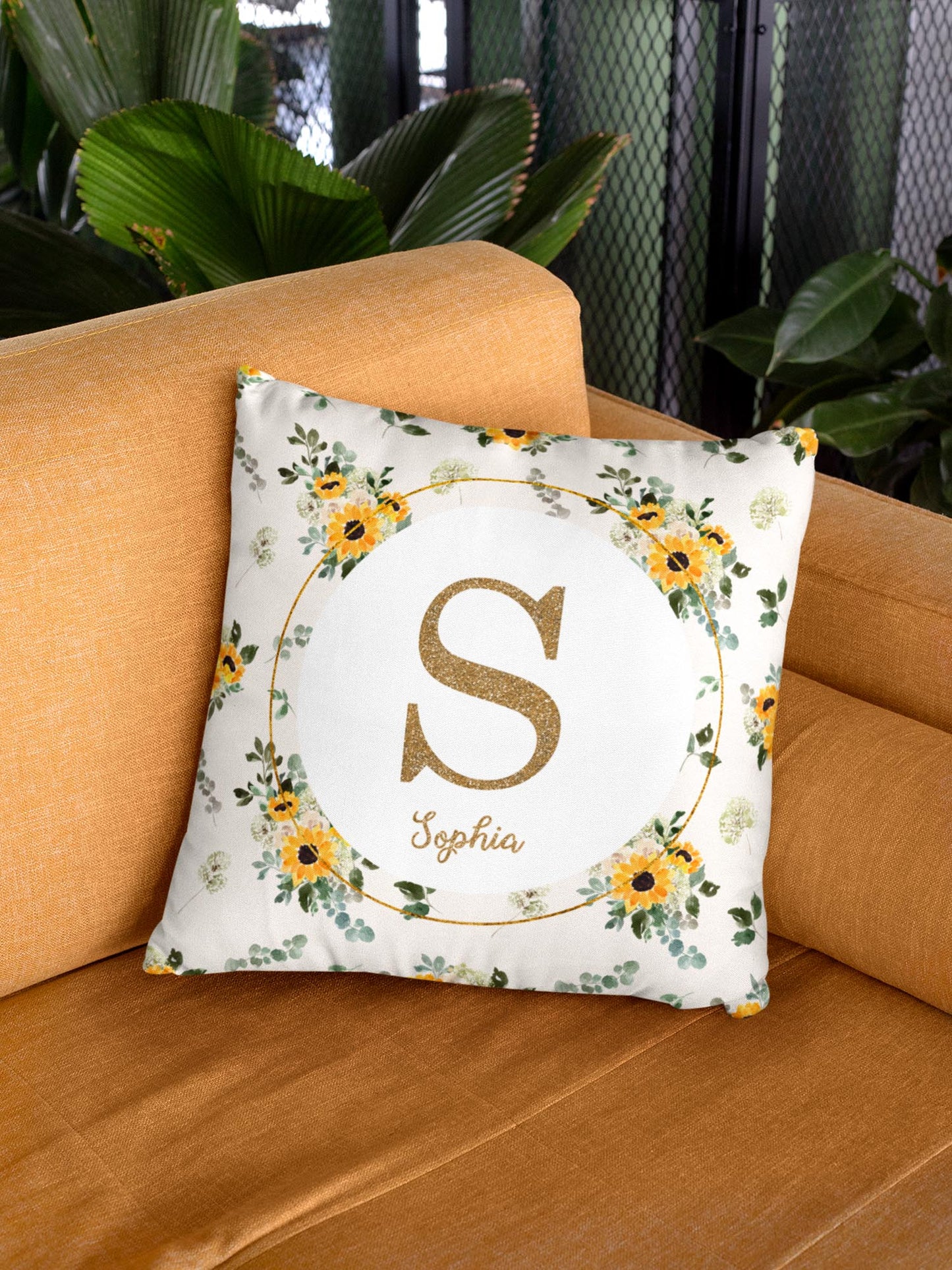Hello Sunshine Sunflower Monogrammed Pillow for Girl